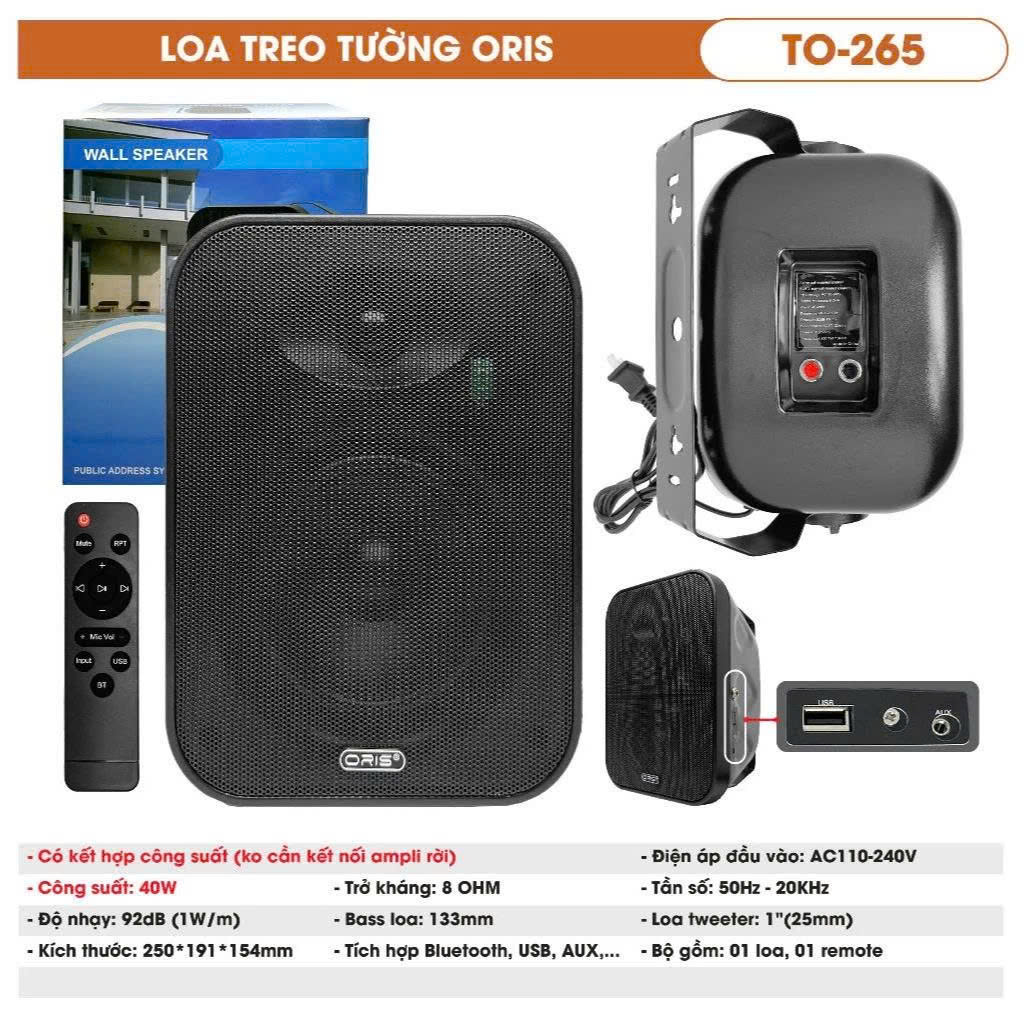 Loa Treo Tường có kết hợp công suất chính hãng Oris TO-265, công suất 40W, Chuyên Dụng Cho Quán Cafe, Nhà Hàng, Salon Tóc, Viện Thẩm Mỹ,..