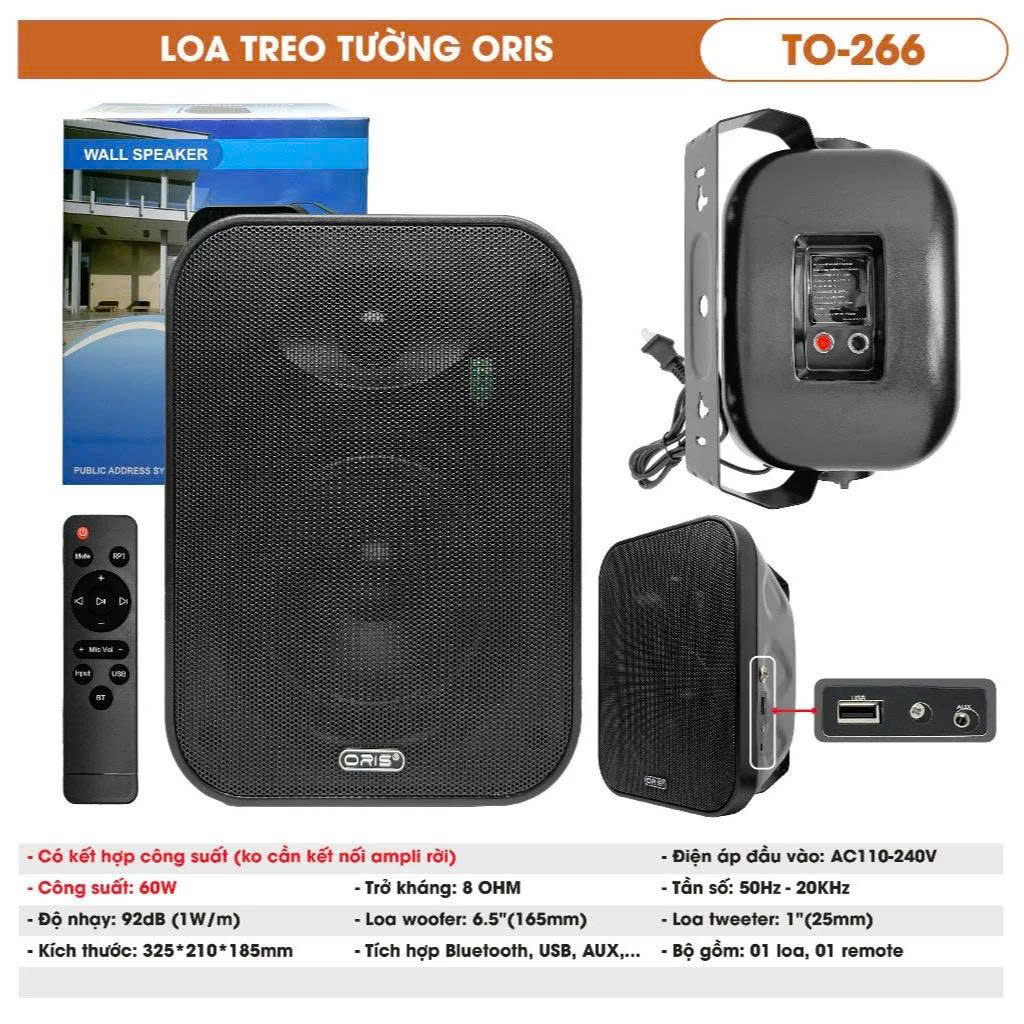 Loa Treo Tường có kết hợp công suất chính hãng Oris TO-266, công suất 60W, Chuyên Dụng Cho Quán Cafe, Nhà Hàng, Salon Tóc, Viện Thẩm Mỹ,..