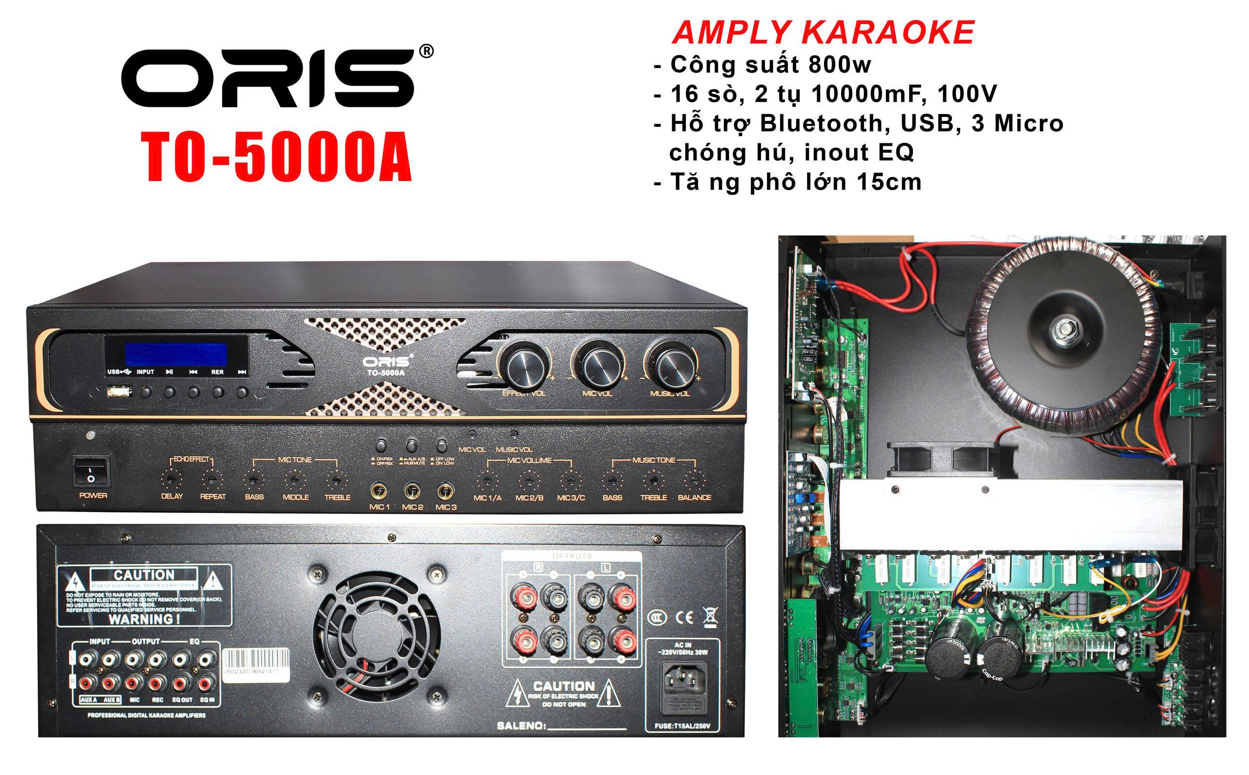 Amply bluetooth tích hợp vang cơ ORIS TO 5000A chống hú tốt cho dàn karaoke gia đình