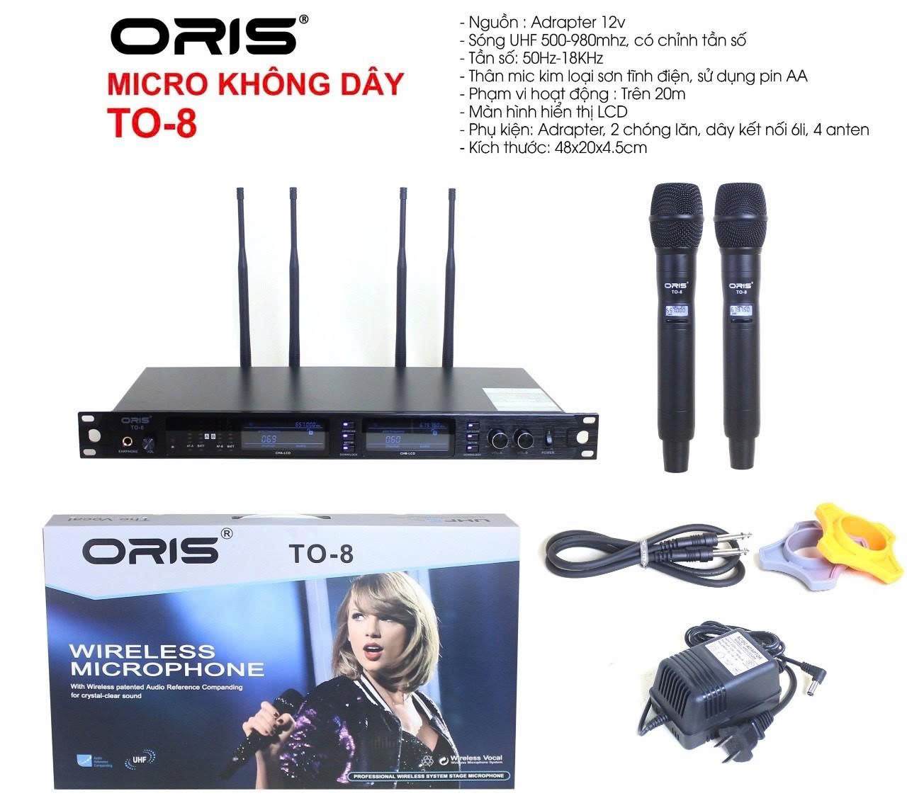 Micro hộp sóng cao cấp không dây chính hãng ORIS TO-8, Mic karaoke tích hợp Bo xử lý công nghệ cao
