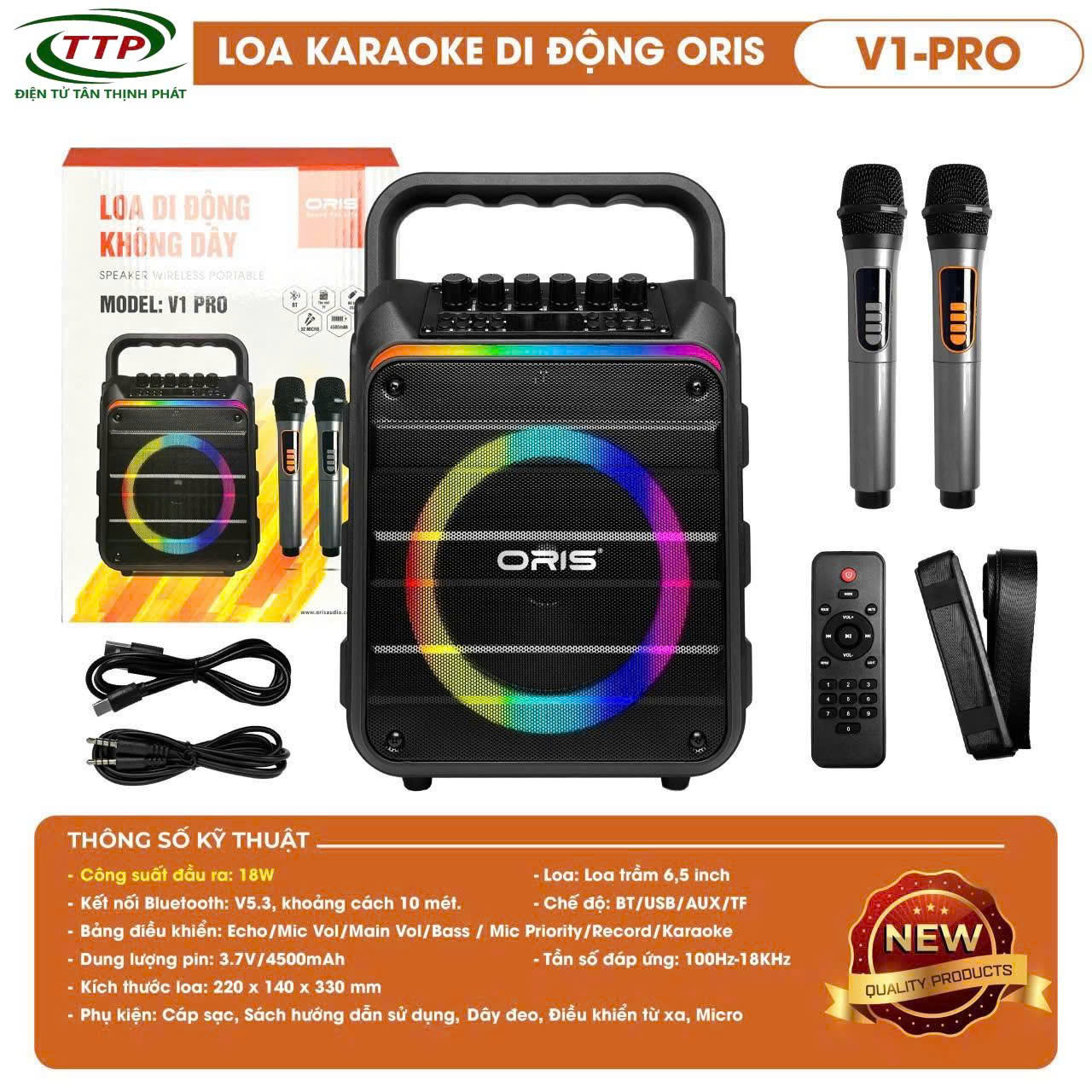 Loa Bluetooth Karaoke ORIS V1 PRO 80W Kèm 2 Micro Không Dây, Bass 6.5 Inch, Đèn LED RGB, Hỗ Trợ Bluetooth/USB/Thẻ Nhớ