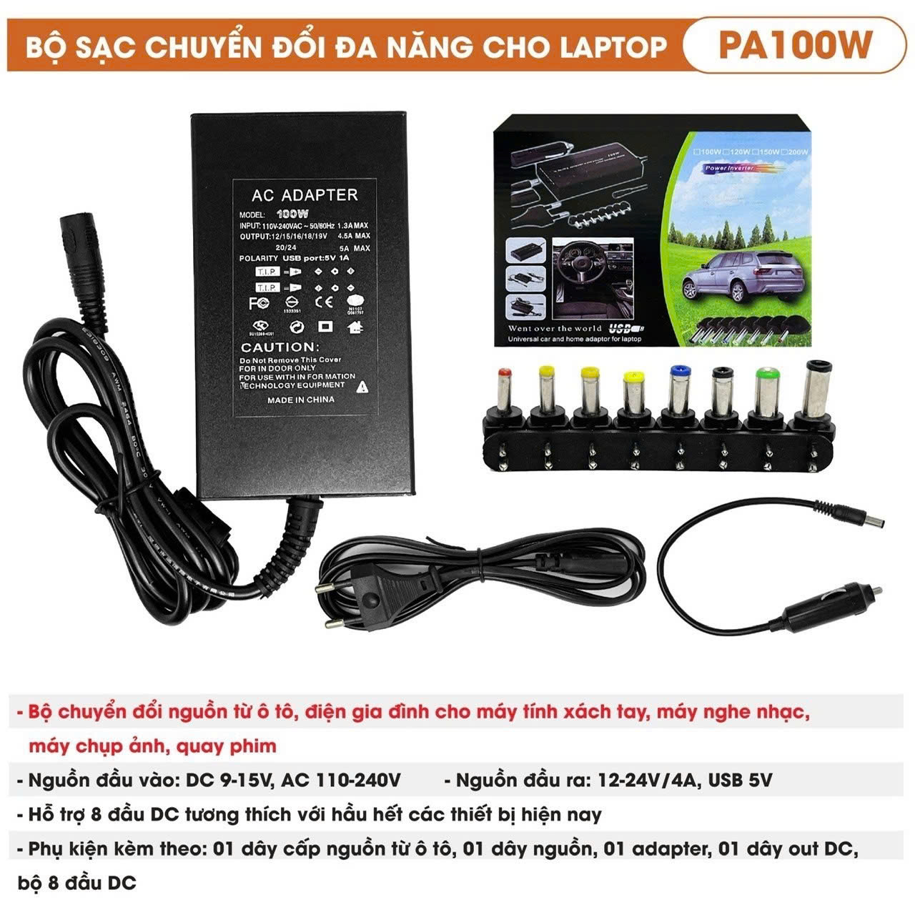 Bộ sạc chuyển đổi đa năng cho laptop PA100W thương thích với nhìu thiết bị