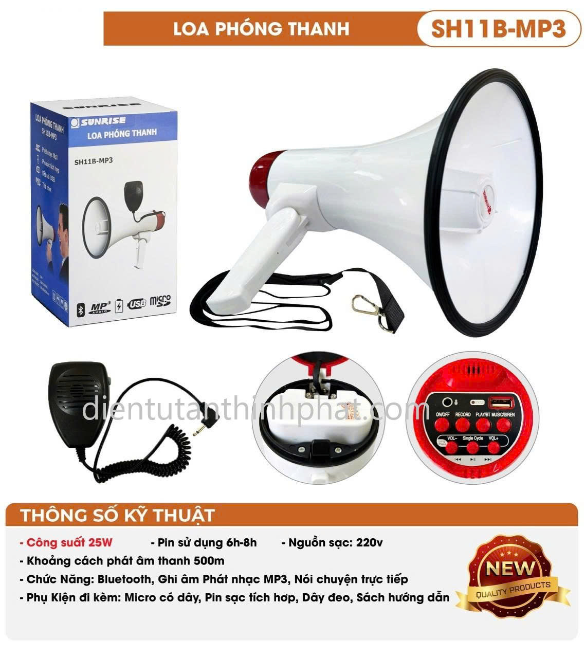 Loa phóng thanh cầm tay sunrise SH11B có mp3, đọc usb, kèm pin sạc, có ghi âm phát lại, còi báo động