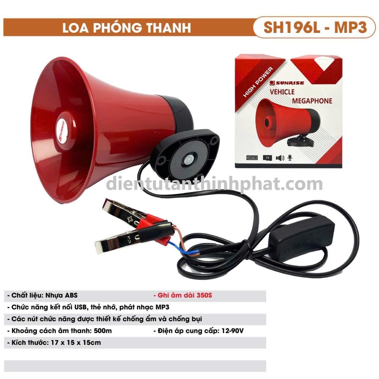 Loa phóng thanh sunrise SH196I-MP3, ghi âm, usb, thẻ nhớ, bluetooth công suất 50w