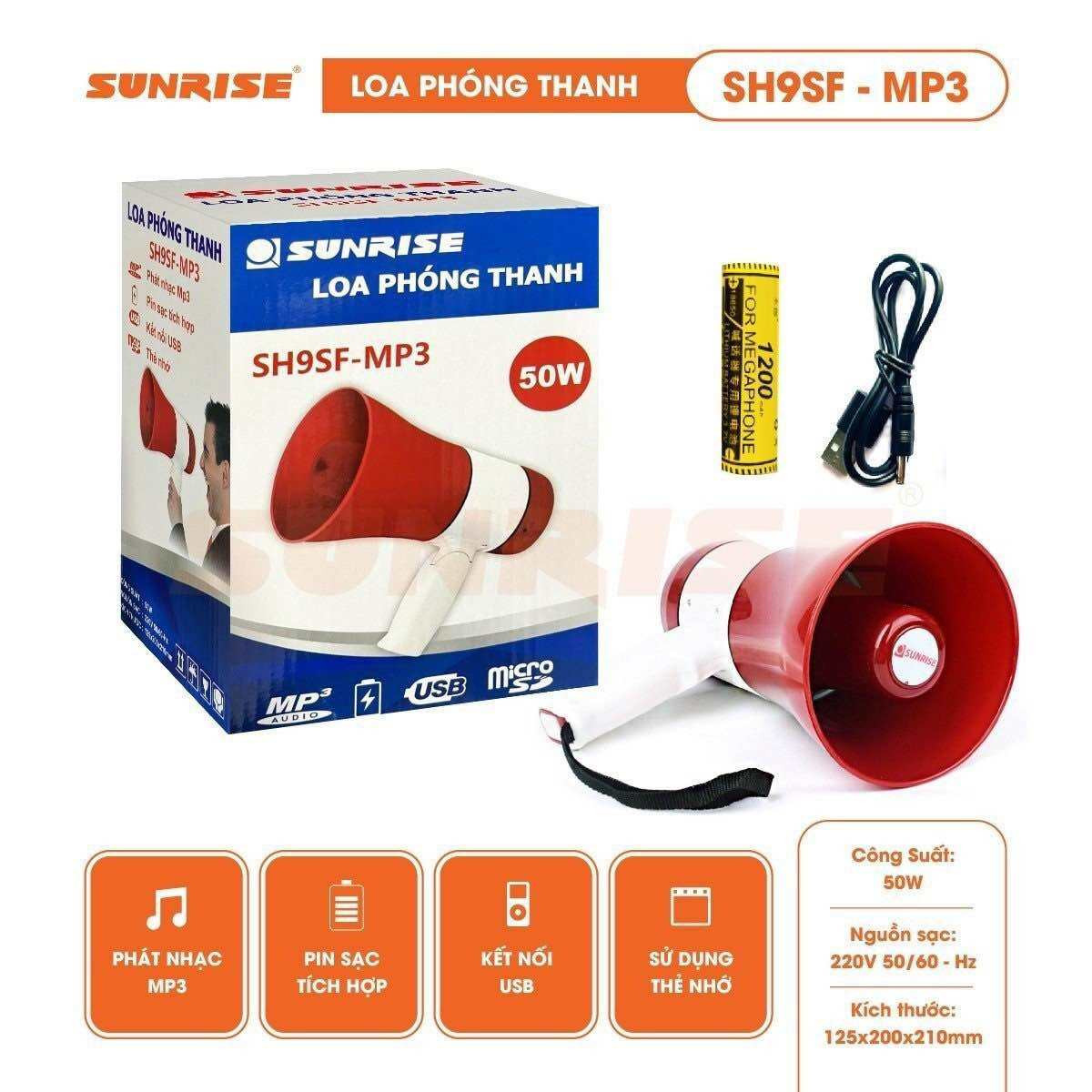 Loa phóng thanh công suất lớn 50W chính hãng Sunrise SH9SF-MP3 có mp3, usb, thu tiếng, kèm pin sạc, còi hú báo động