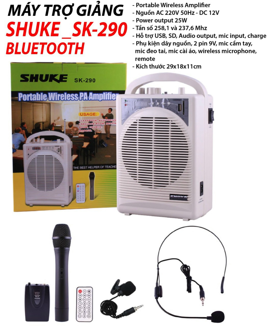 Máy trợ giảng không dây, máy dạy học shuke SK-290 có bluetooth hỗ trợ giảng dạy, nói to rõ, âm thanh trung thực