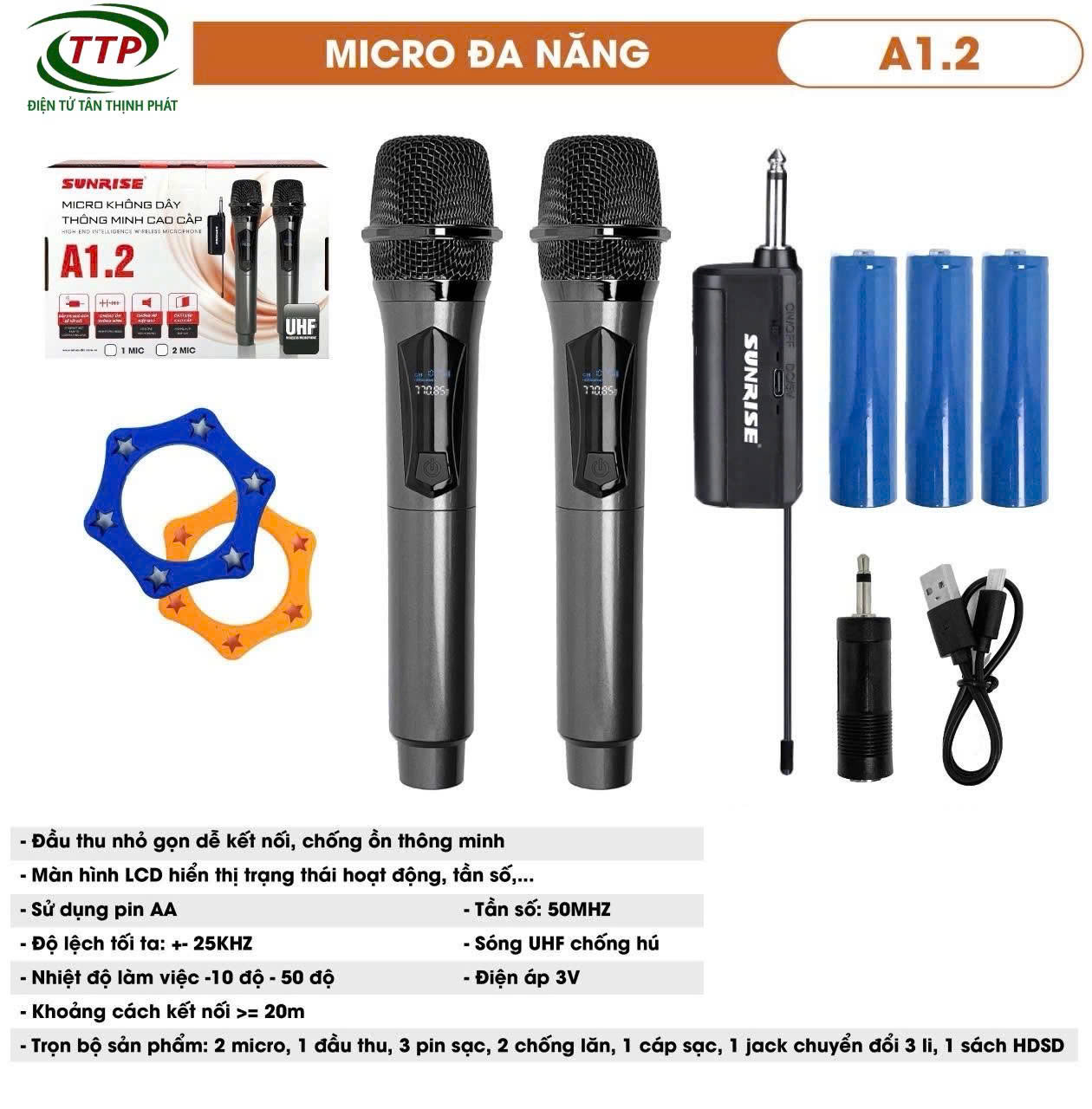 Micro đa năng không dây SUNRISE A1.2 sử dụng sóng UHF chống hú, độ nhạy cao cho loa kéo, amply, mixer
