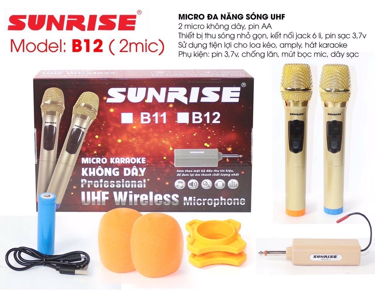 Micro không dây karaoke sunrise B12 dòng 2 micro, mic đa năng sử dụng sóng UHF, chống hú, độ nhạy cao