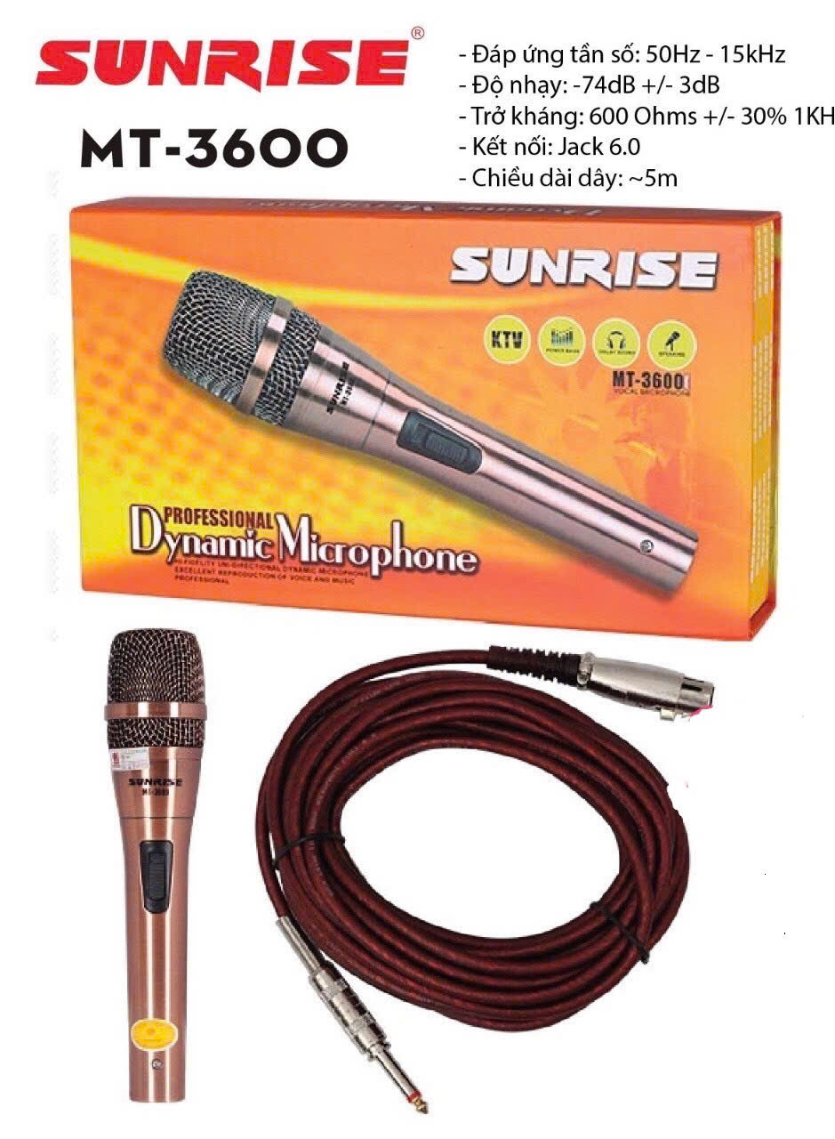 Micro karaoke có dây chính hãng SUNRISE MT 3600 hát nhẹ, hút giọng, mic kèm dây zin dài 5m chống gãy bền bỉ