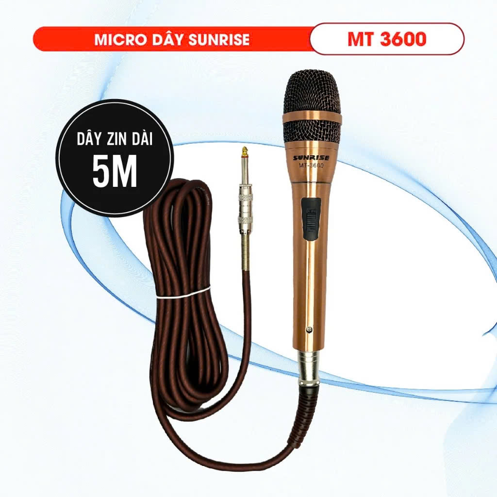 Micro karaoke có dây chính hãng SUNRISE MT 3600 hát nhẹ, hút giọng, mic kèm dây zin dài 5m chống gãy bền bỉ