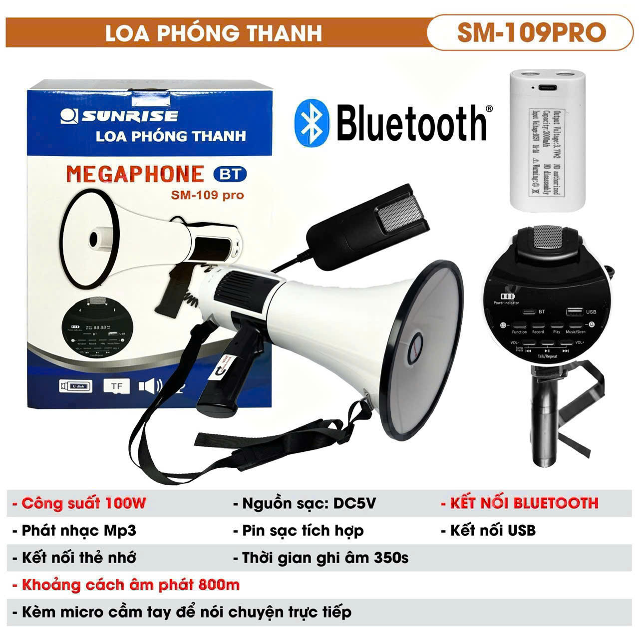 Loa phóng thanh cầm tay sunrise SM-109 PRO có mp3, đọc usb , khe thẻ nhớ, bluetooth, còi hú, ghi âm, kèm pin sạc, công suất lớn 100w