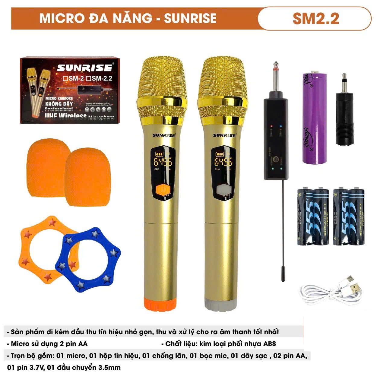 Micro không dây karaoke sunrise SM-2.2 ( 2 micro), mic đa năng sử dụng sóng UHF, chống hú, độ nhạy cao