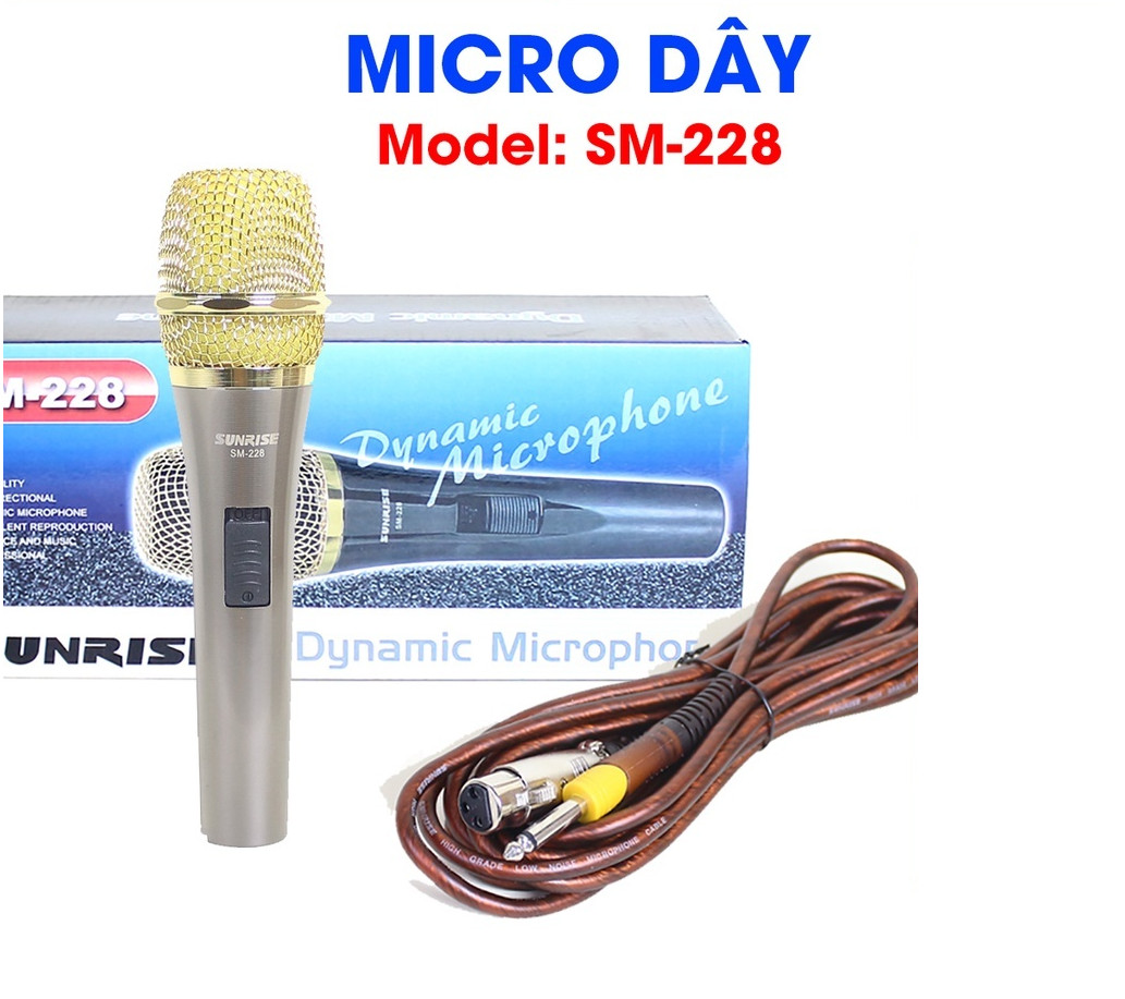 Micro karaoke có dây chính hãng Sunrise SM-228 đầu mic chất lượng cao, thân kim loại kèm dây zin dài 8m chống gãy bền bỉ