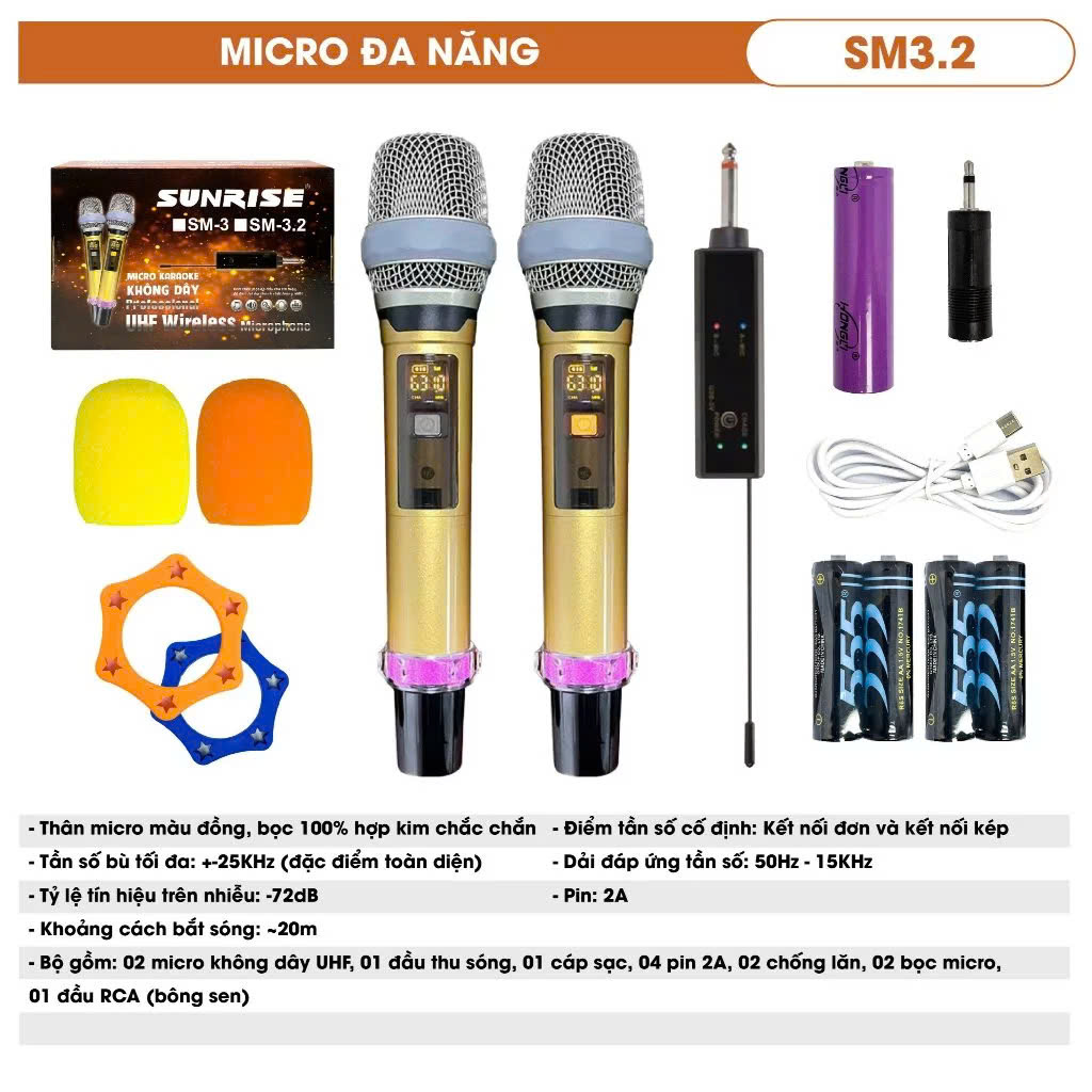 Bộ 2 micro không dây sunrise SM-3.2 sử dụng sóng UHF dùng cho amply, vang, loa kéo