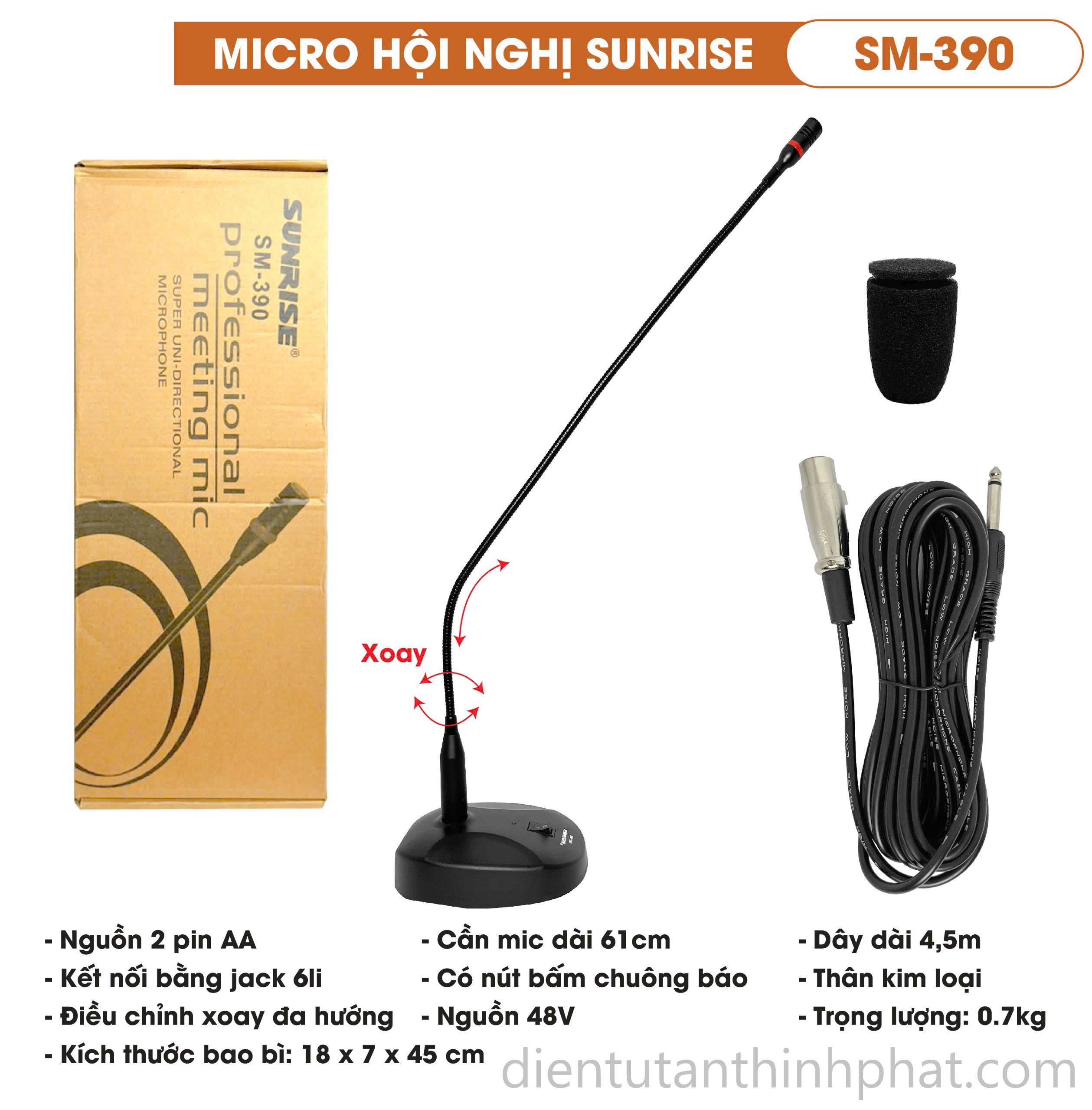 Micro hội nghị, cổ ngỗng có dây sunrise SM-390 cần micro dài 60 cm