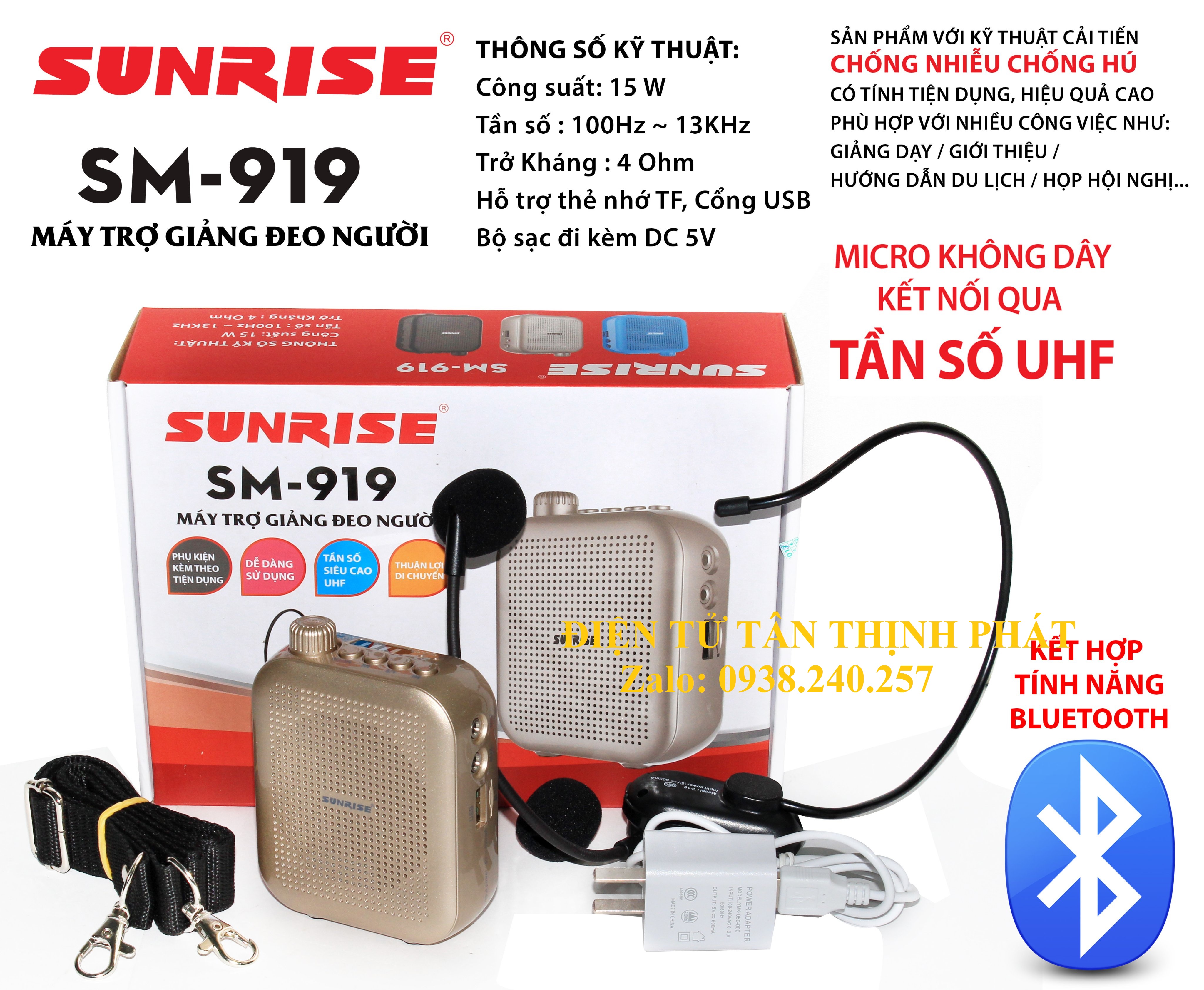 Máy trợ giảng không dây sunrise SM-919 có Bluetooth, sóng UHF, chống hú, chống nhiễu tốt