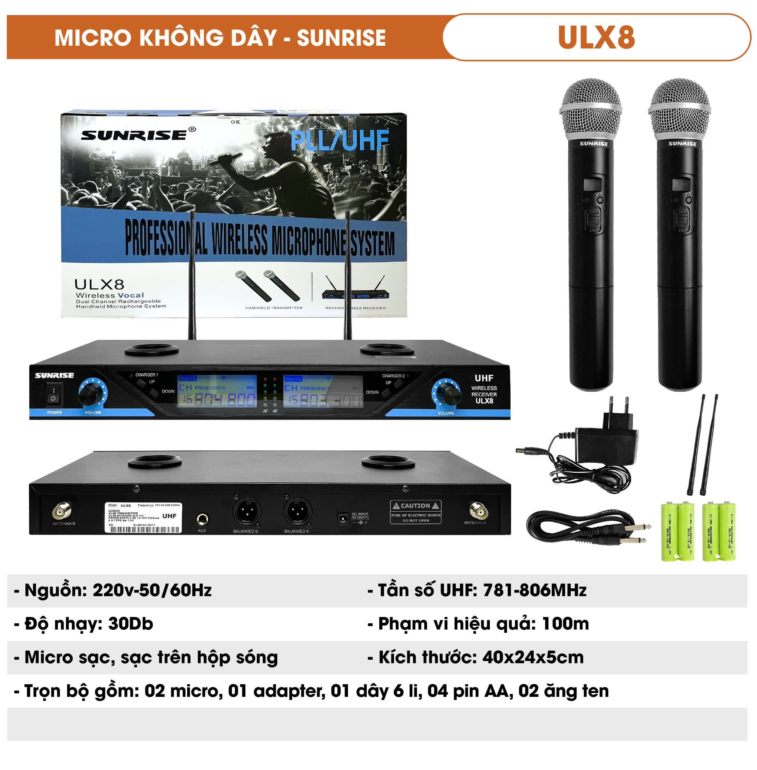 Micro karaoke không dây SUNRISE ULX8 sóng UHF có chỉnh tần số, Mic sạc trực tiếp trên hộp sóng
