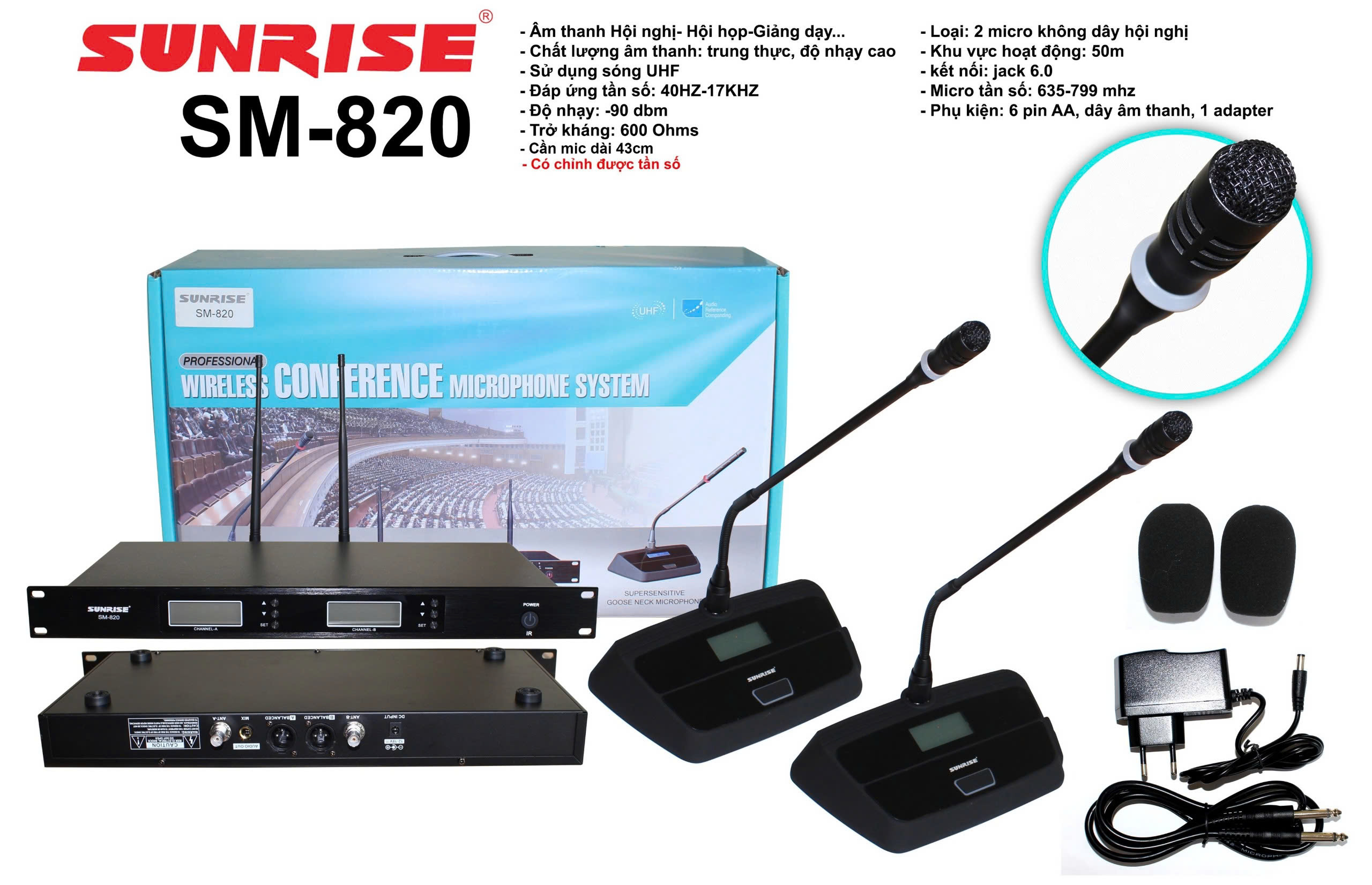 Micro hội nghị không dây sunrise sm-820, Bộ 02 micro cổ ngỗng hộp sóng sử dụng cho phòng họp hội trường