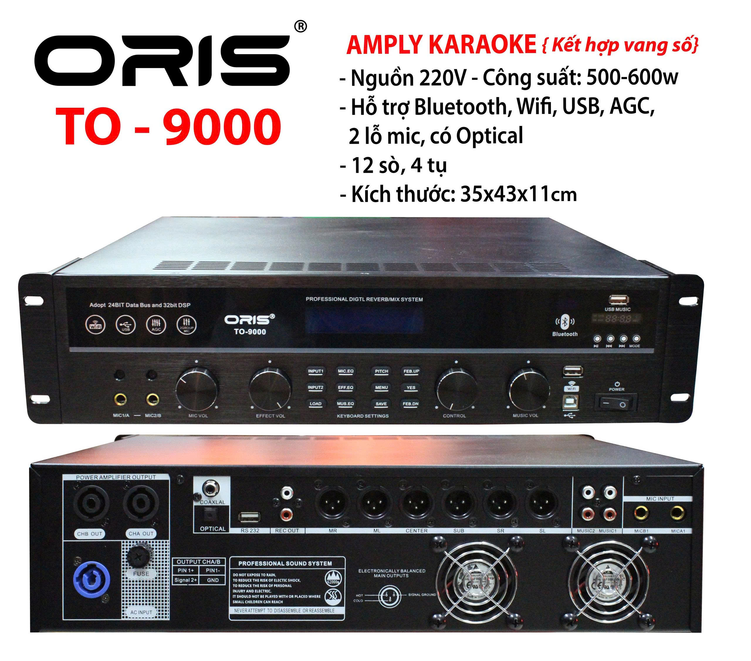 Amply bluetooth liền vang số ORIS TO 9000 chức năng chống hú tốt, âm thanh trung thực, chuyên dụng cho karaoke gia đình
