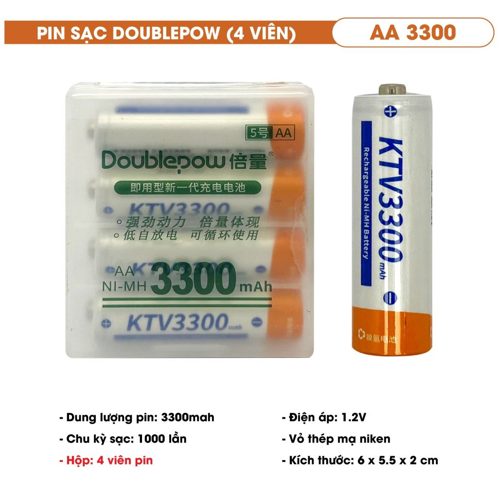 Hộp 4 viên pin sạc 2A Doublepow 3300mAh