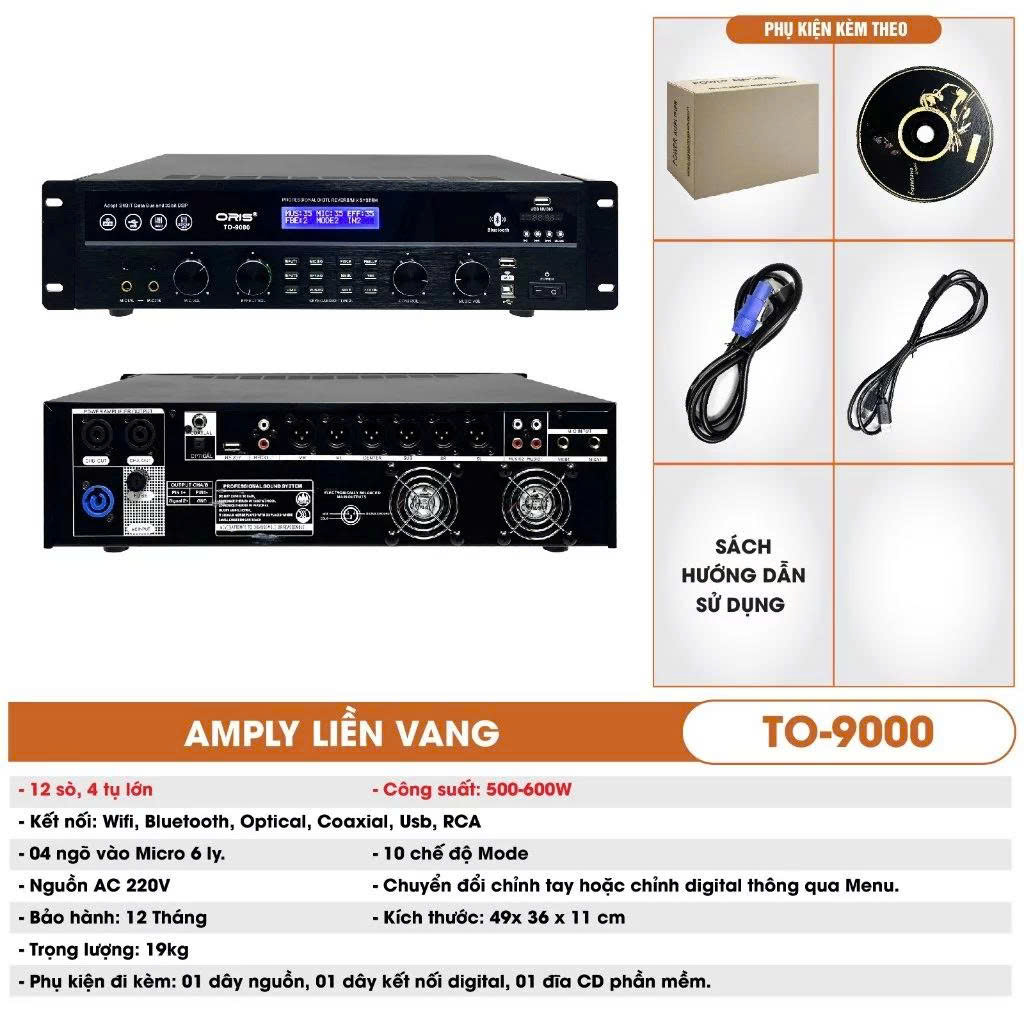 Amply bluetooth liền vang số ORIS TO 9000 chức năng chống hú tốt, âm thanh trung thực, chuyên dụng cho karaoke gia đình