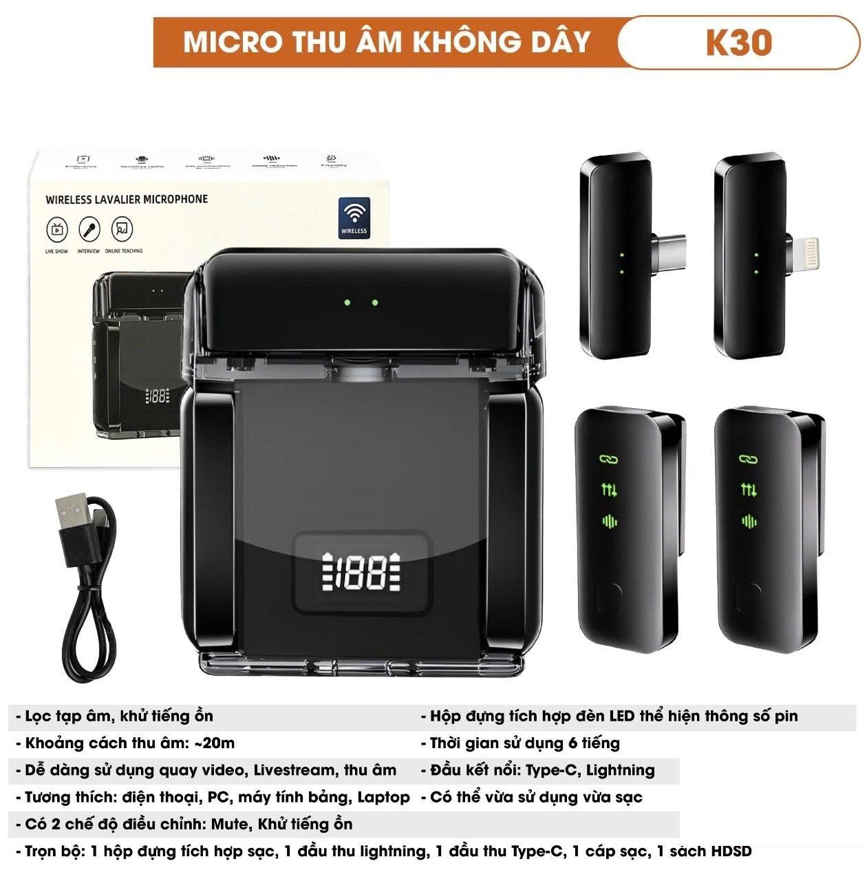 Micro thu âm không dây K30 lọc tạp âm, khử tiếng ồn dễ dàng sử dụng quay video, livestream, thu âm