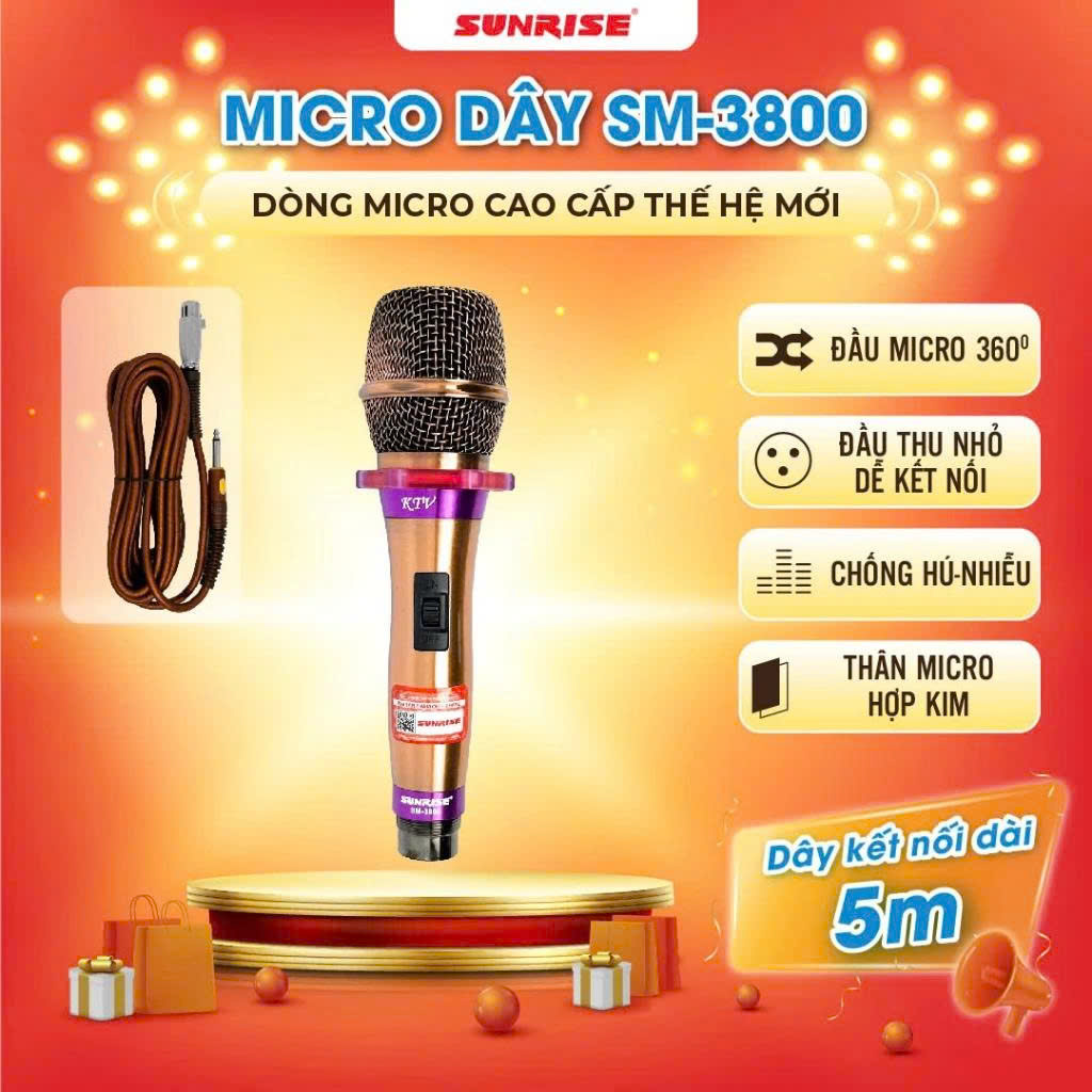 Micro karaoke có dây chính hãng SUNRISE SM 3800 hát nhẹ, hút giọng, mic kèm dây zin dài 5m chống gãy bền bỉ